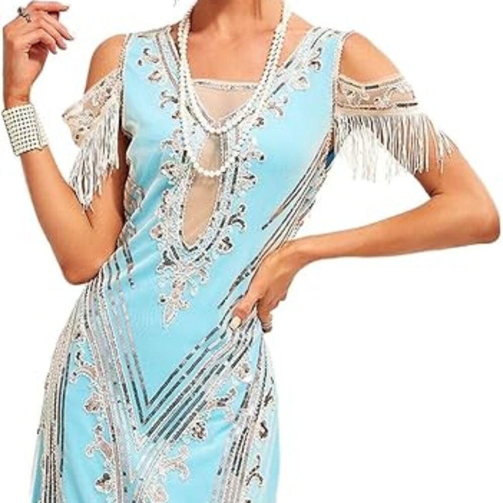 1920s Gatsby Flapper Dress, Sky Blue w/ Cream Fringe & Silver Beaded Sequins
